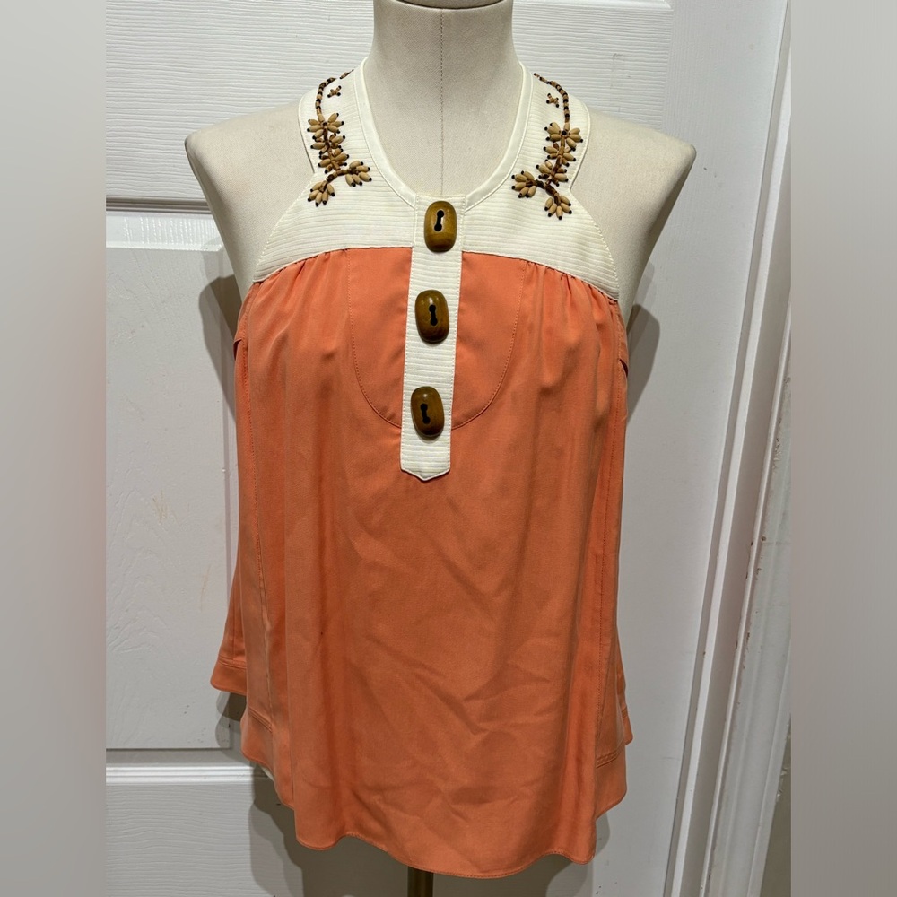 Mayle Wood Embellished Orange Tank Top with Wooden Button Details